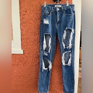 Blue Savvy Skinny Jeans Women's Size 5/27 Blue Low Rise Distressed BROKEN ZIPPER